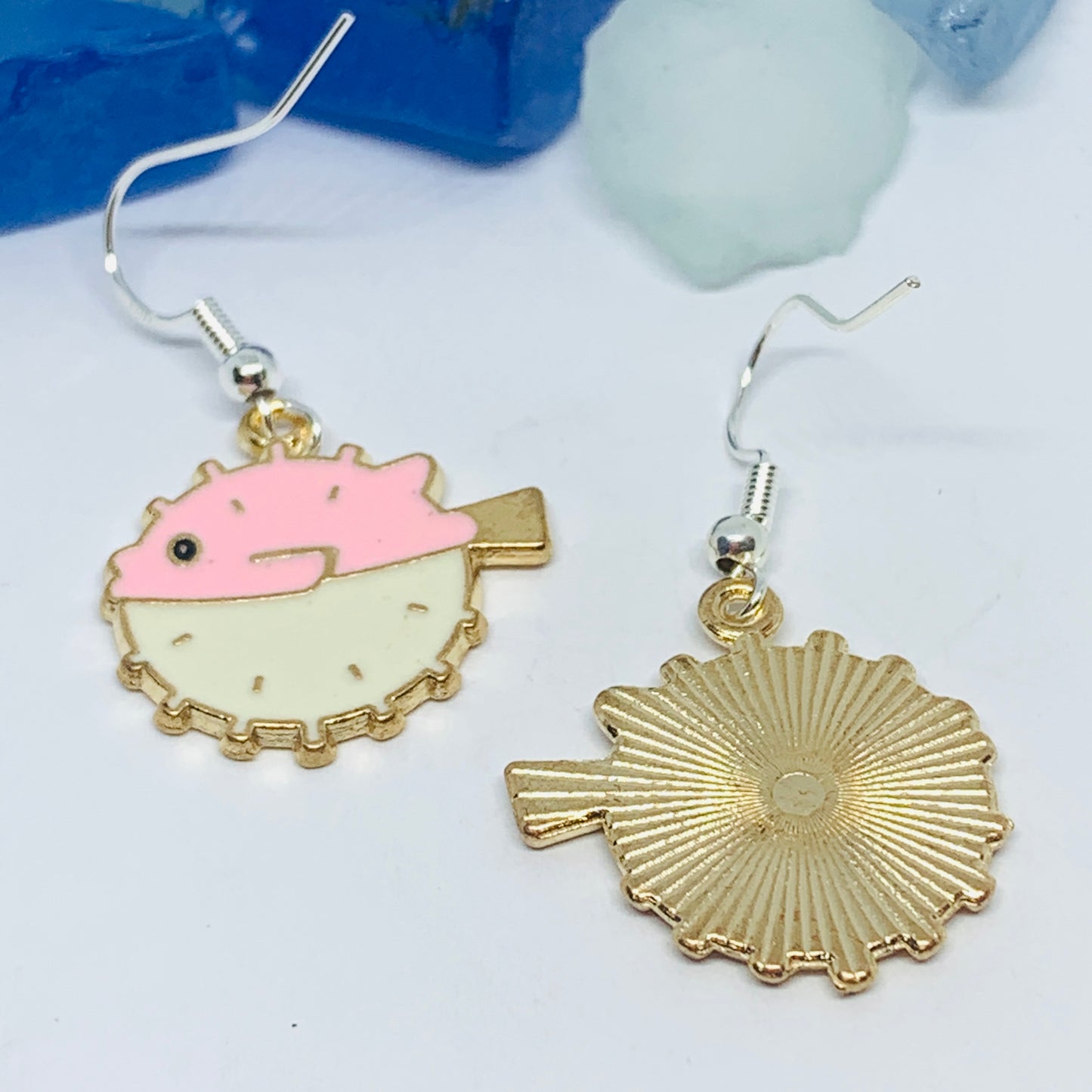 Blowfish Pink/Ivory Enamel Earrings with Silver Wires and Backs | Blow Fish Earrings | Gifts for Her | Fish Earrings | Under the Sea Fun Earrings
