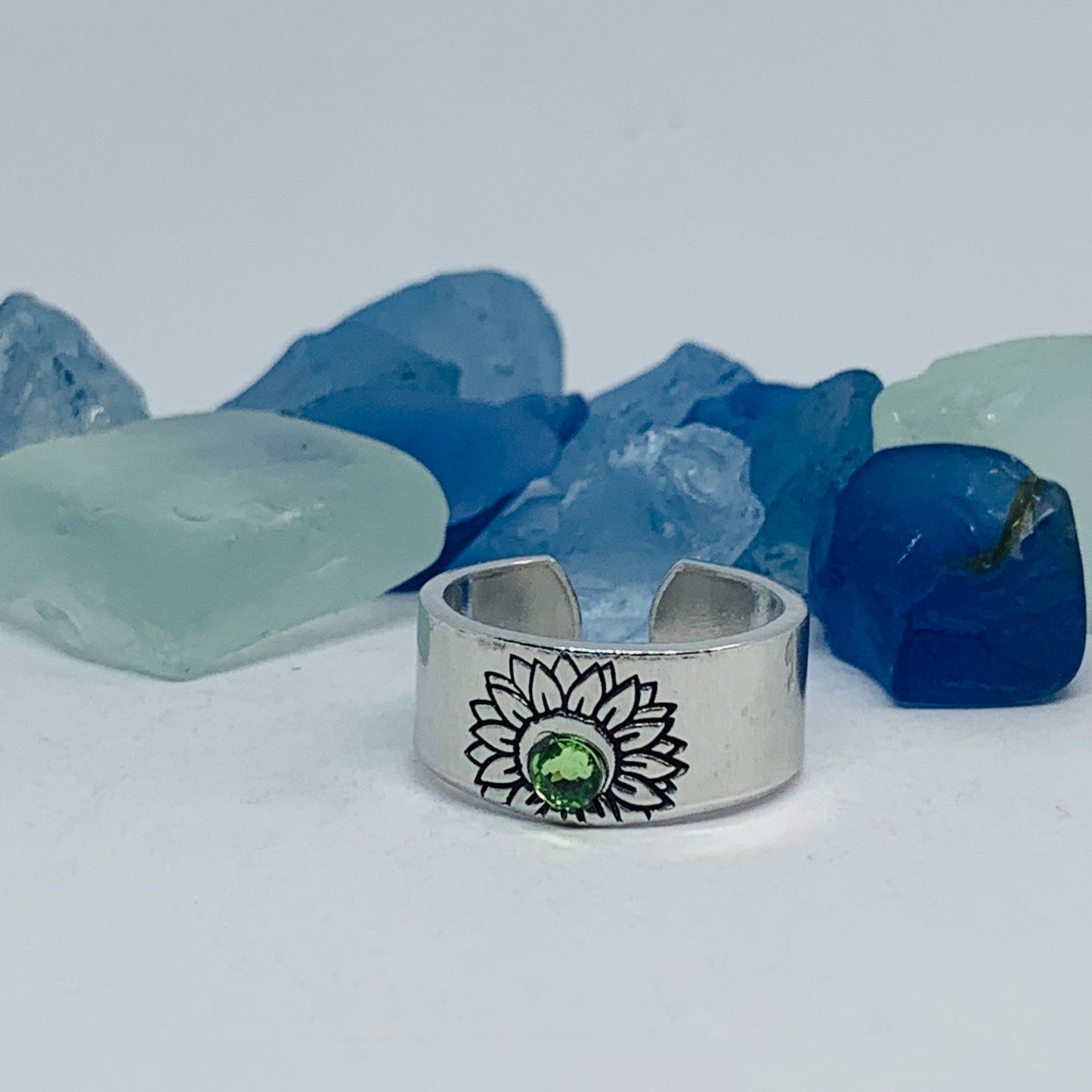Sunflower Hand Stamped Cuff Ring with Swarovski Crystal | Birthstone Ring | Outdoorsy Nature Flowers | Gift | Ukraine