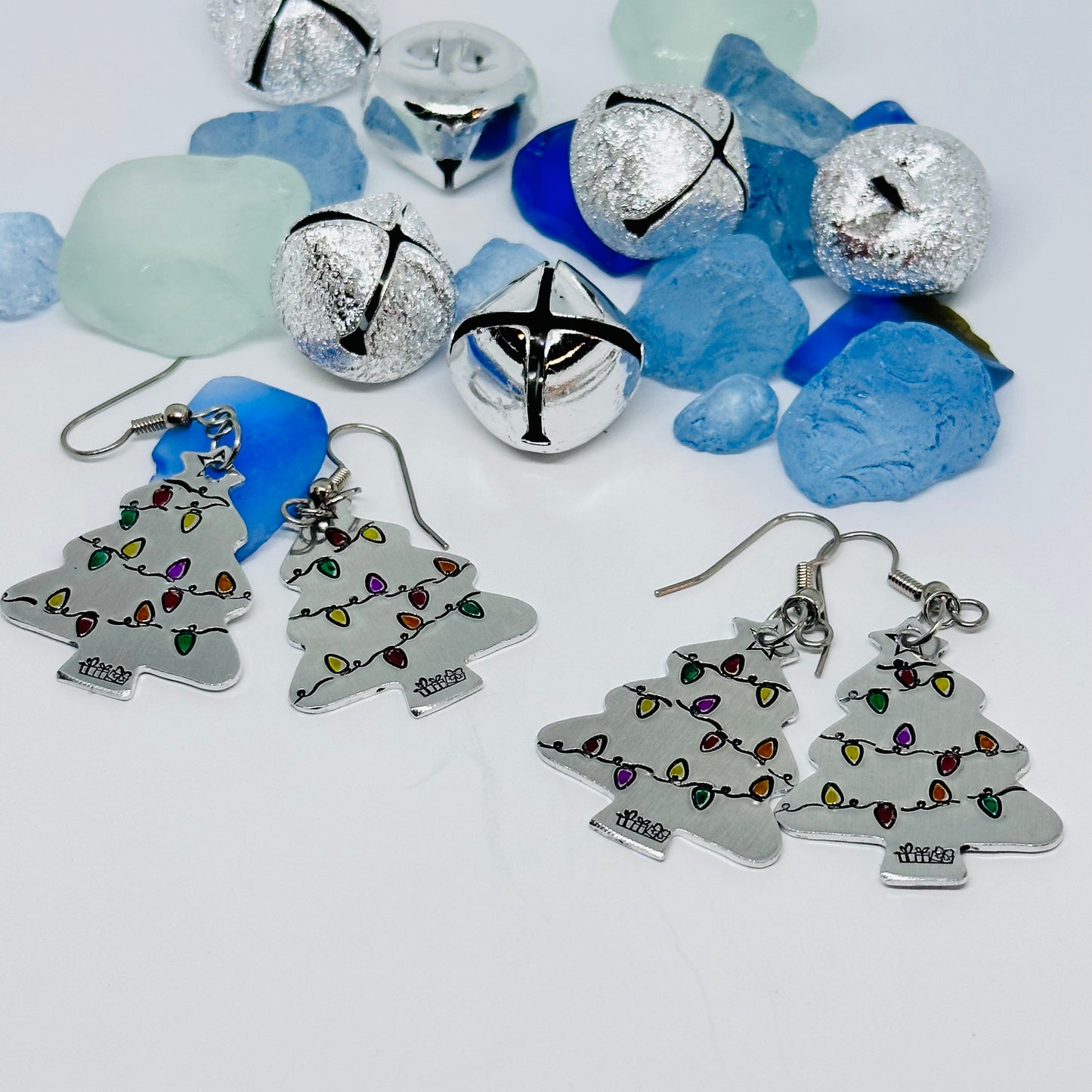 Hand Stamped Christmas Tree Earrings | Painted Christmas Tree Light Bulbs | Gifts for Her | Fun Holiday Earrings | Holiday Jewelry | Funky