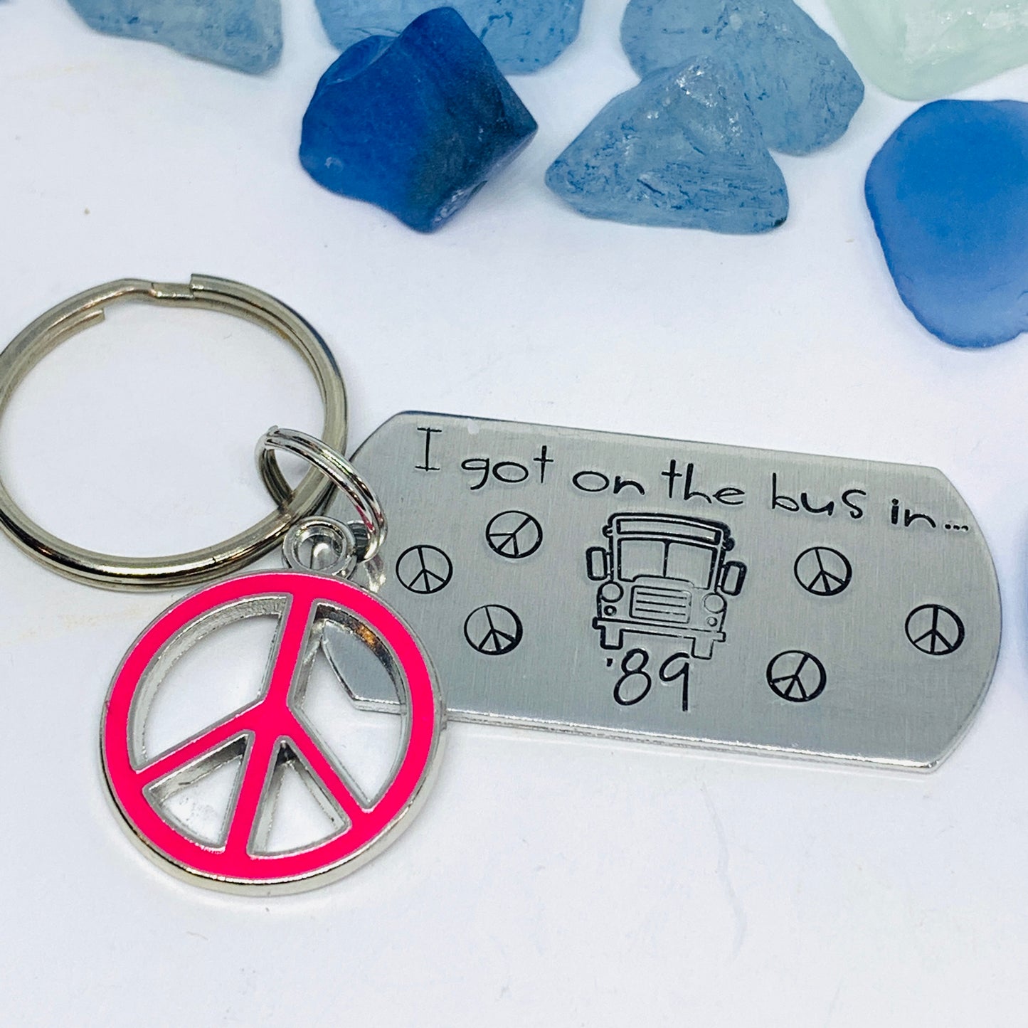 I got on the bus in … (year) Keyring | Hand Stamped Metal Keyring | Grateful Dead Themed Gift for Dead Heads | School Bus |  Groupies Gift Idea |