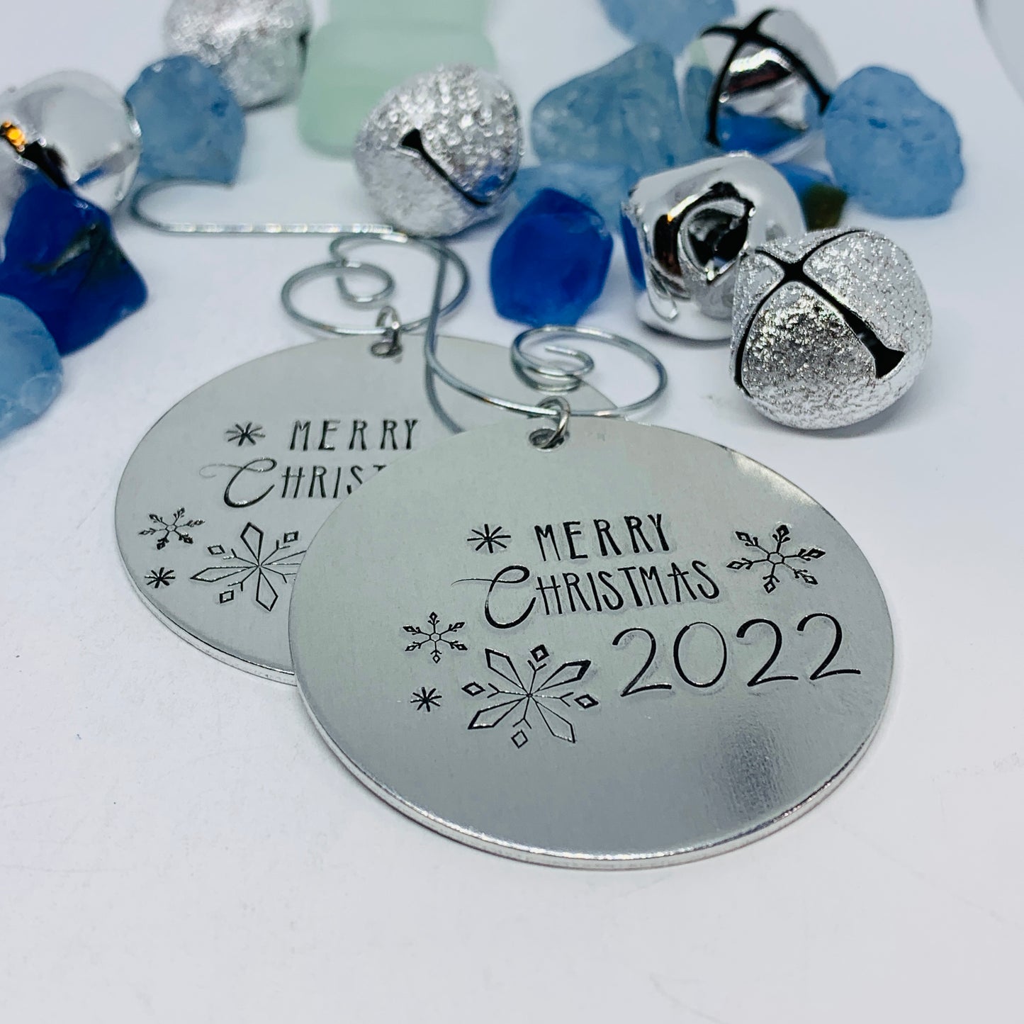Merry Christmas 2022 Hand Stamped Ornament | Aluminum Round Snowflakes | Christmas | Hand Crafted Tree Decor | Holiday Decoration