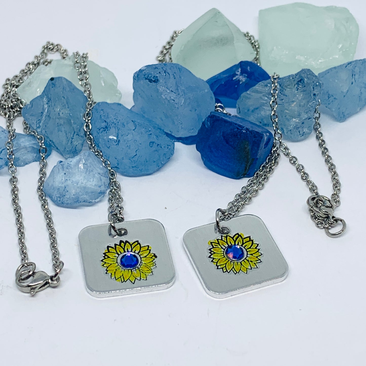 Sunflower - Hand Stamped Necklace | Hand-painted Ukrainian Sunflower Designs | Sunflower Peace | No War | Swarovski Crystal | Solidarity