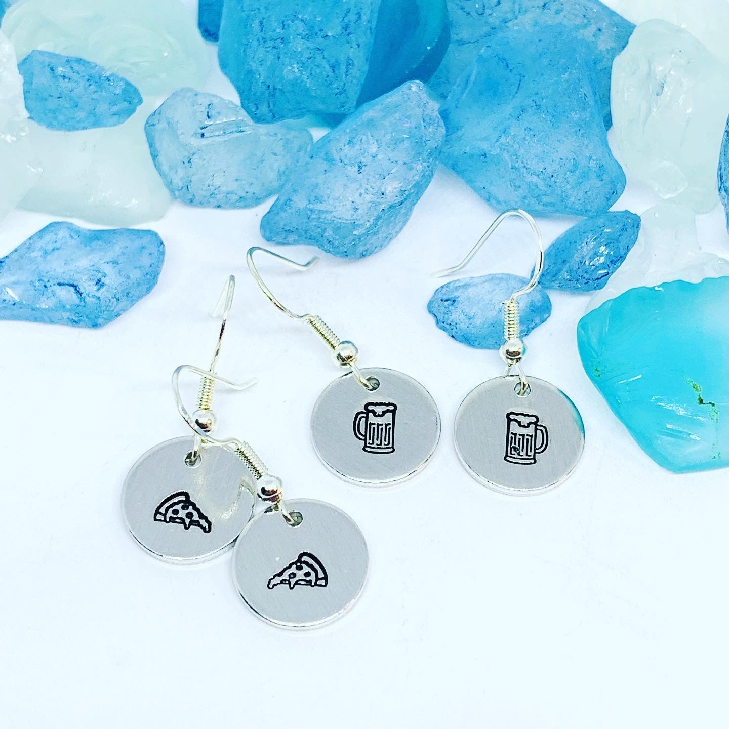 Hand Stamped Pizza and/or Beer Silver Wire Earrings with Backs | Hand Stamped Metal Pizza & Beer Design Earrings | Gifts for Her | Fun Earrings