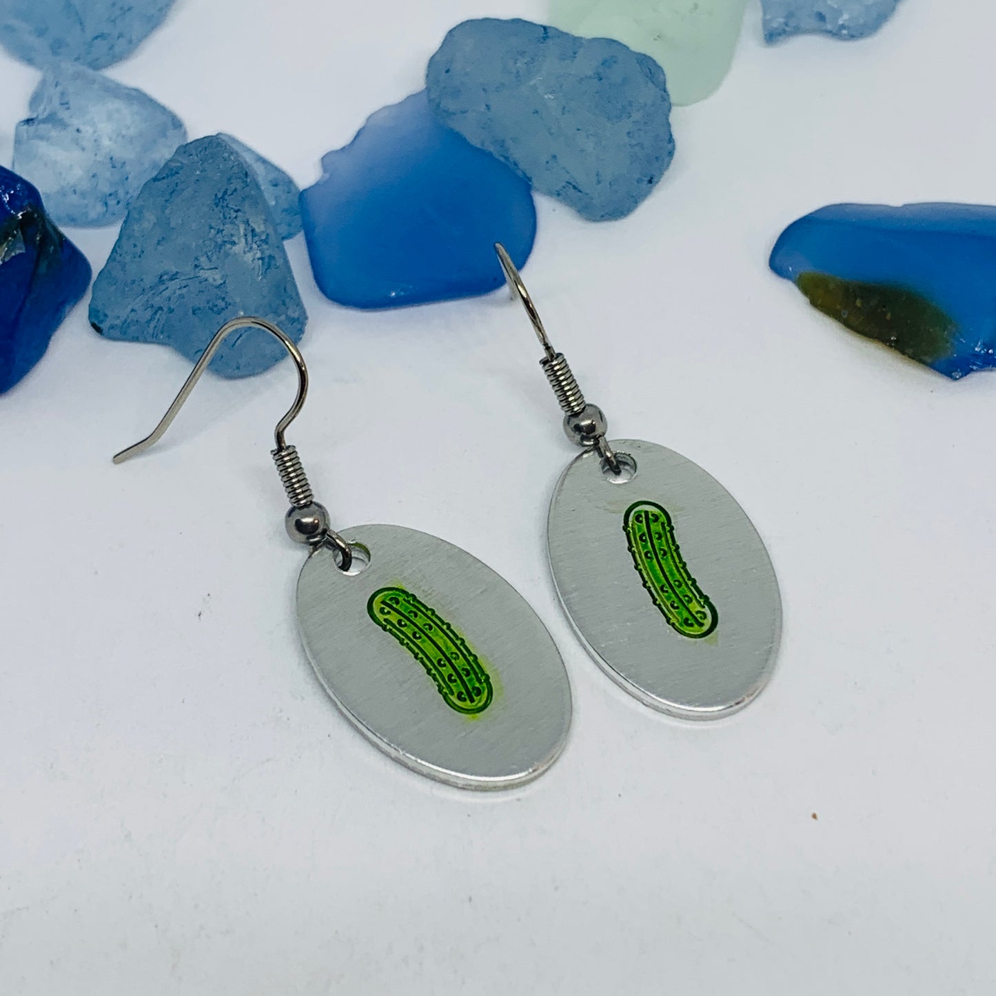 Pickles Hand Stamped & Painted Oval Drop Earrings | Green Pickles on Surgical Steel Ear Wires | Pickle Fest | Picklelicious