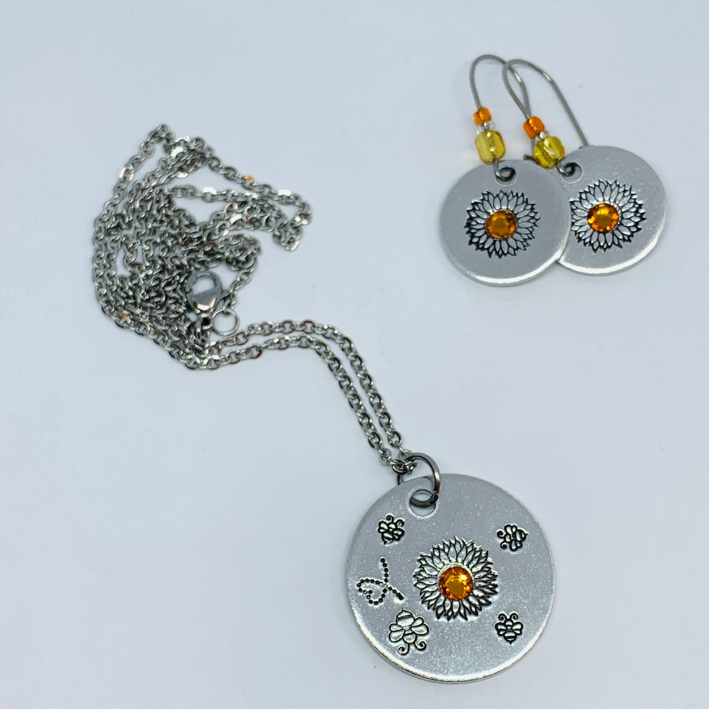 Sunflower and Bumblebees with Swarovski Crystal - Hand Stamped Necklace