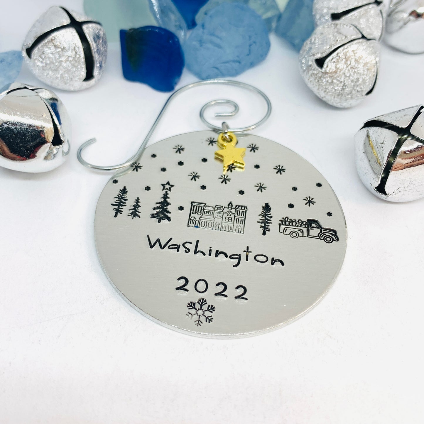 Home Town Hand Stamped Ornament | Aluminum Round Ornament | Christmas Ornament | Hand Crafted Tree Decor | Holiday Decoration
