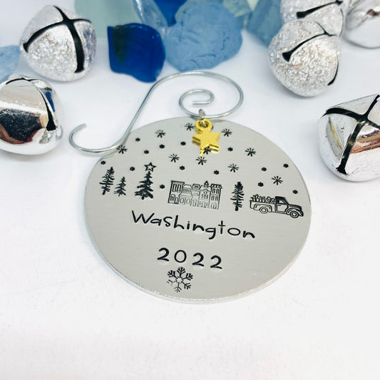 Home Town Hand Stamped Ornament | Aluminum Round Ornament | Christmas Ornament | Hand Crafted Tree Decor | Holiday Decoration