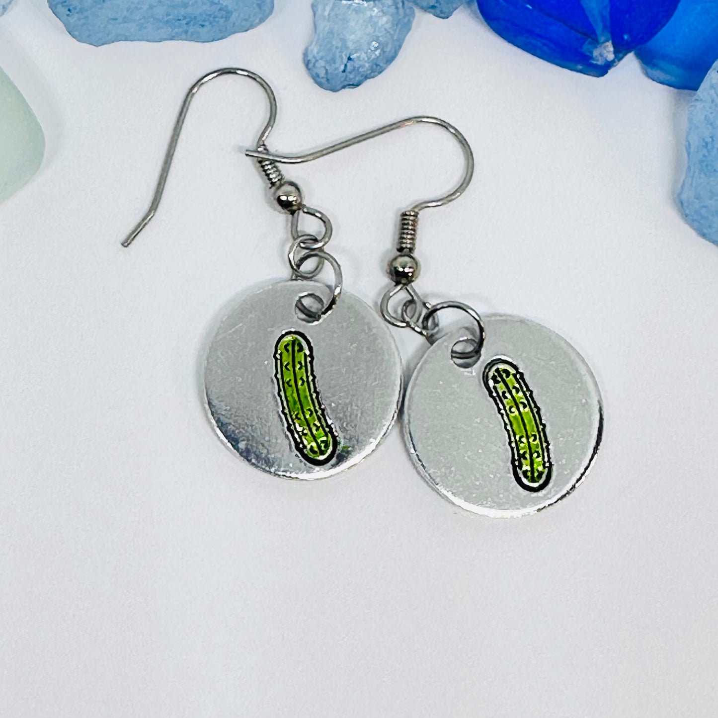 Pickles Hand Stamped & Painted Oval Drop Earrings | Green Pickles on Surgical Steel Ear Wires | Pickle Fest | Picklelicious