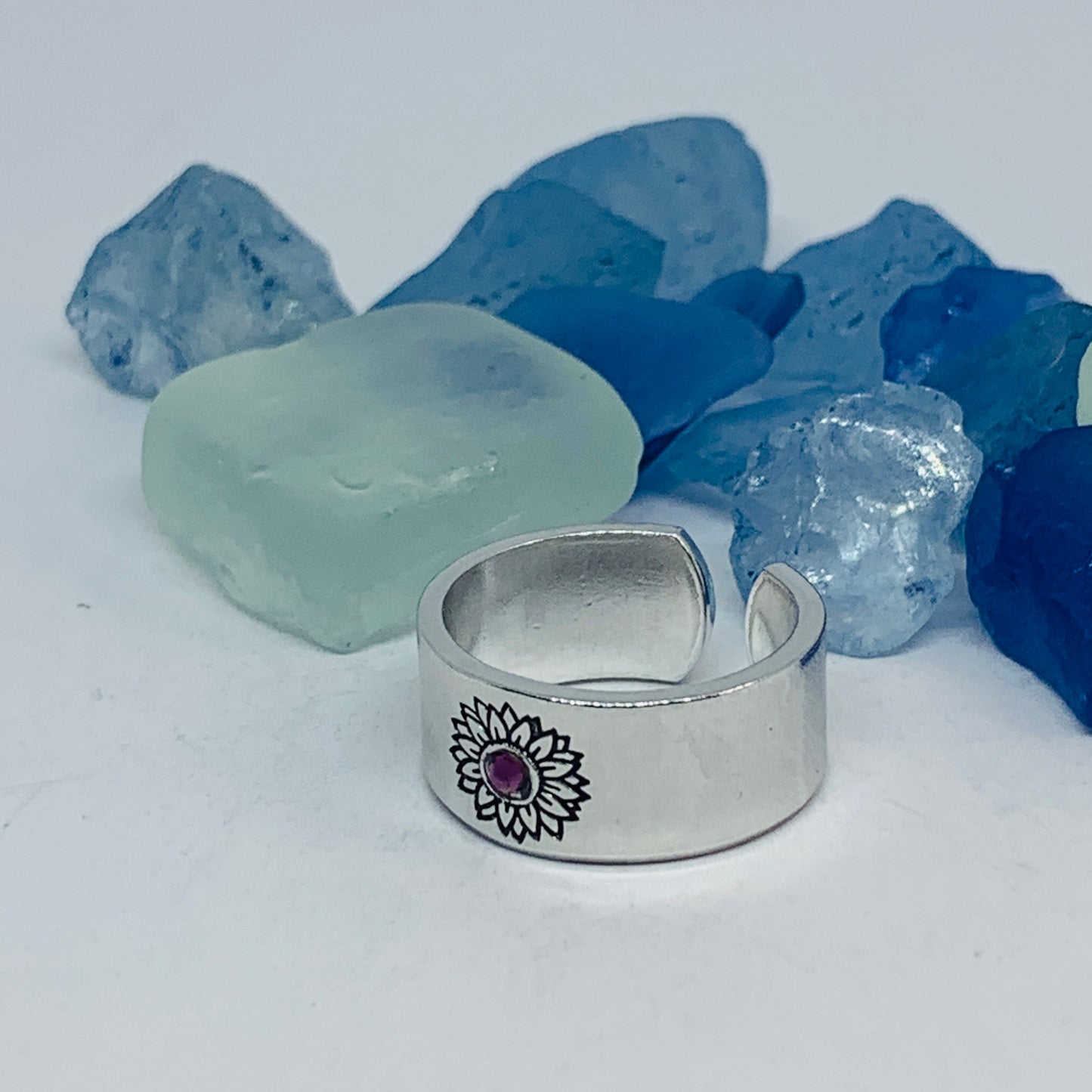 Sunflower Hand Stamped Cuff Ring with Swarovski Crystal | Birthstone Ring | Outdoorsy Nature Flowers | Gift | Ukraine