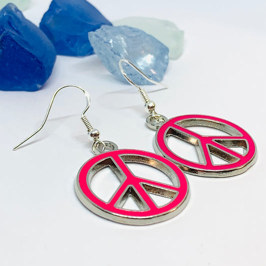 Peace Signs Pink Enamel Earrings with Silver Wires and Backs | Make Love Not War Earrings | Gifts for Her | Love Earrings | Acceptance Earrings