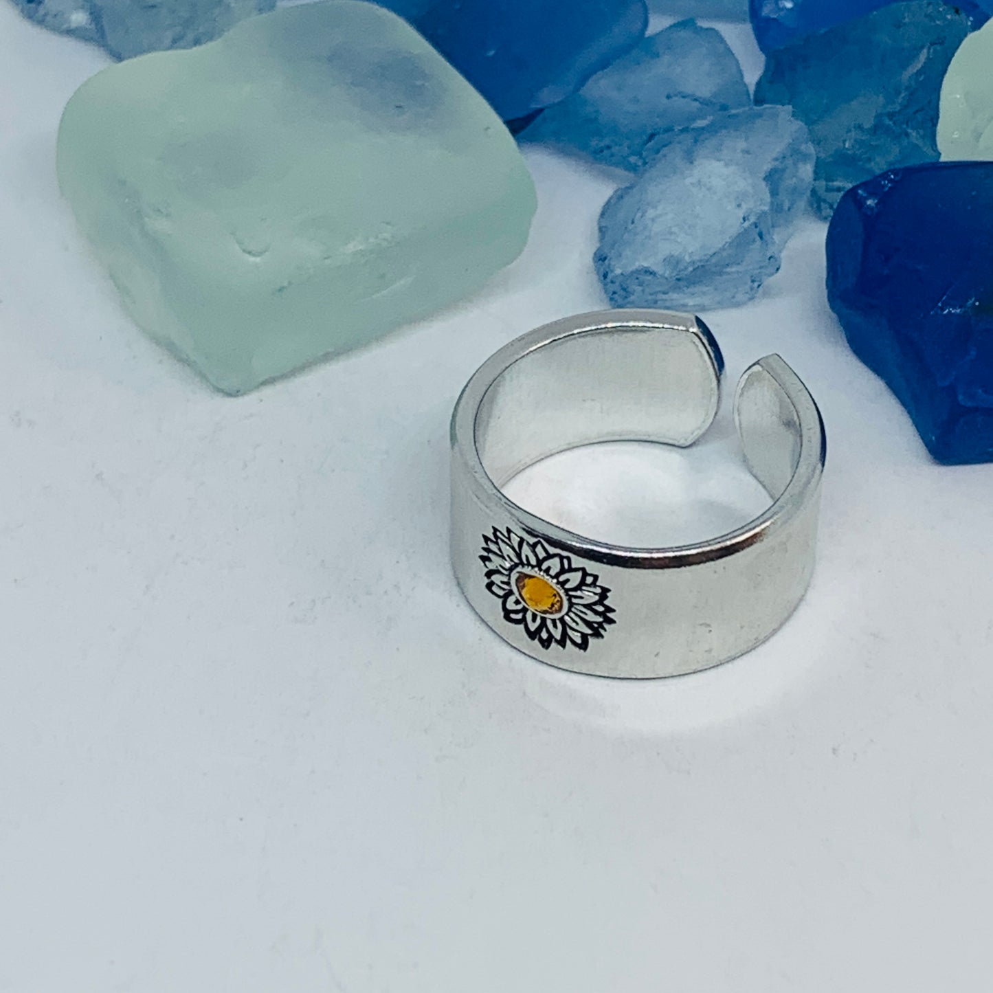 Sunflower Hand Stamped Cuff Ring with Swarovski Crystal | Birthstone Ring | Outdoorsy Nature Flowers | Gift | Ukraine