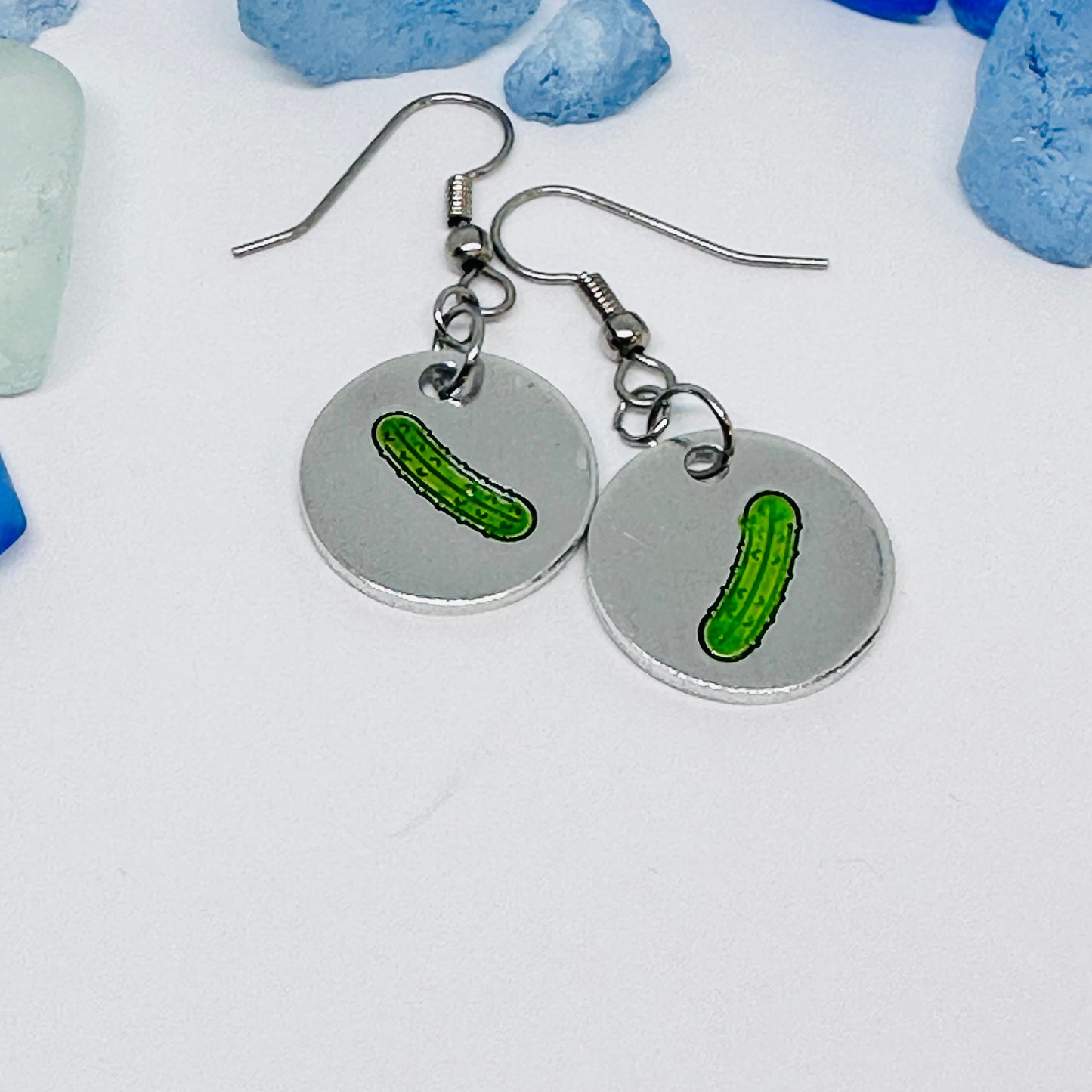 Pickles Hand Stamped & Painted Oval Drop Earrings | Green Pickles on Surgical Steel Ear Wires | Pickle Fest | Picklelicious