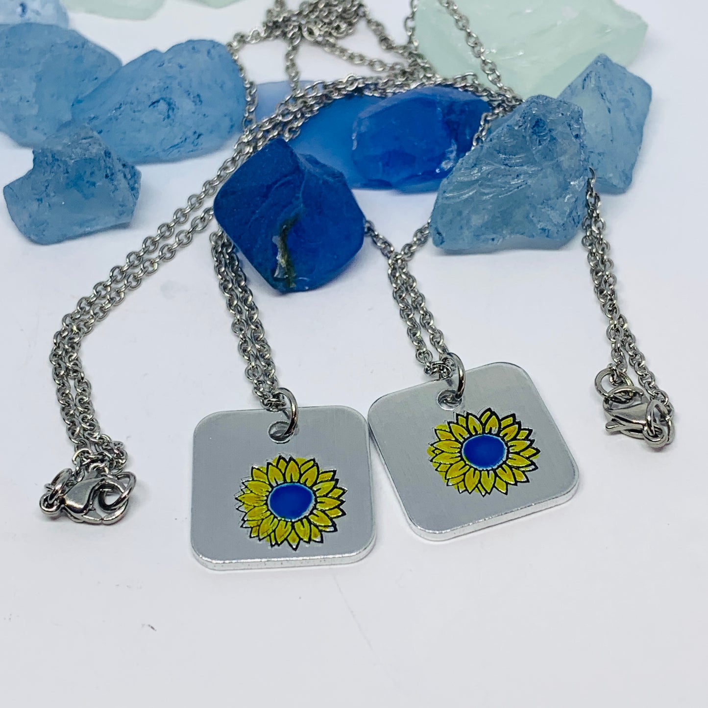 Sunflower - Hand Stamped Necklace | Hand-painted Ukrainian Sunflower Designs | Sunflower Peace | No War | Swarovski Crystal | Solidarity