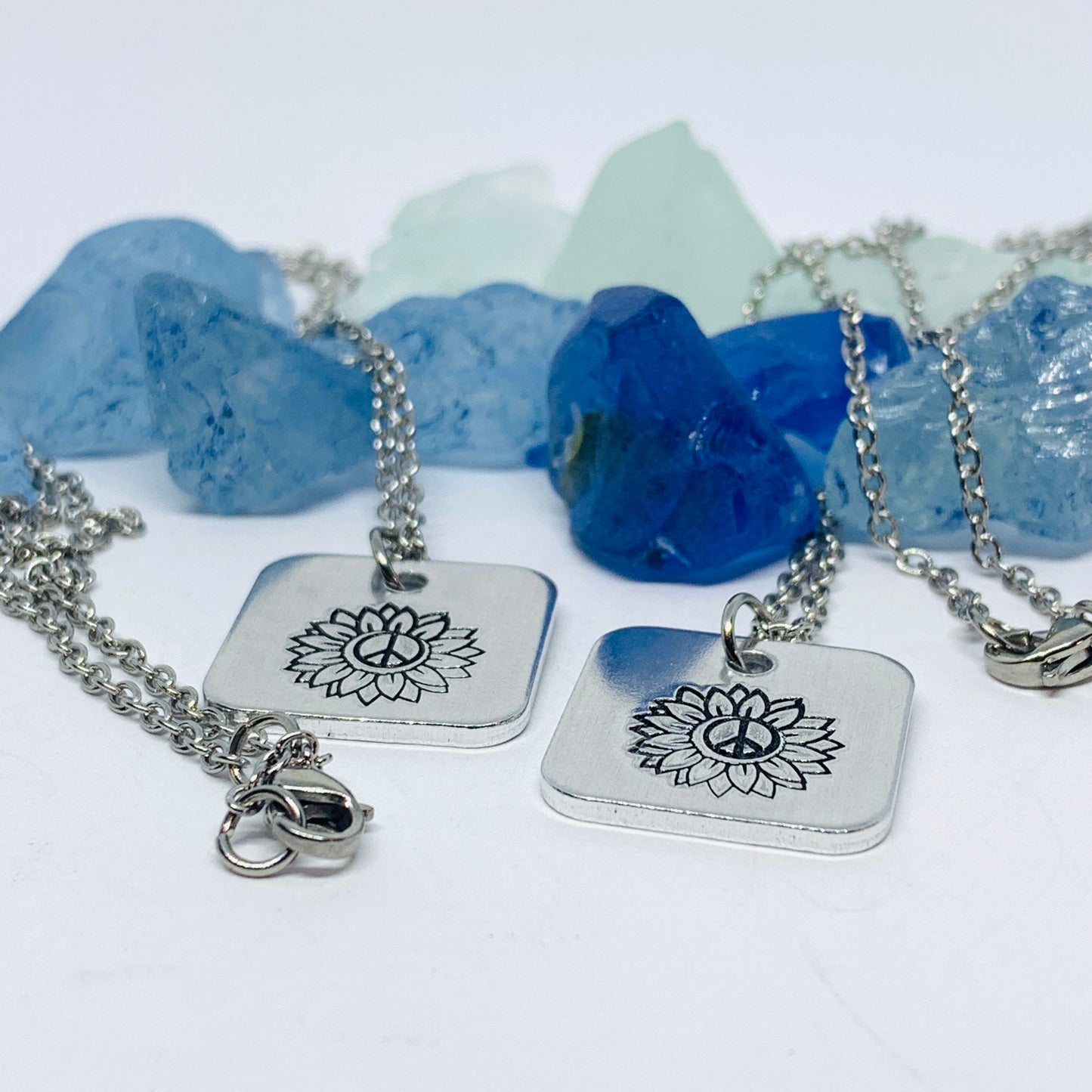 Sunflower - Hand Stamped Necklace | Hand-painted Ukrainian Sunflower Designs | Sunflower Peace | No War | Swarovski Crystal | Solidarity