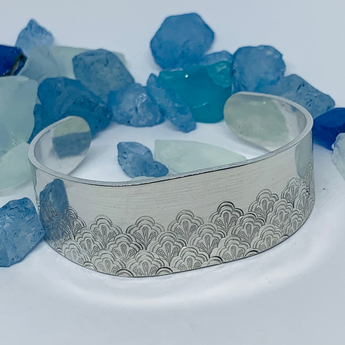 Scalloped Fan Tapered Partial Hand Stamped Cuff Bracelet | Vintage Design