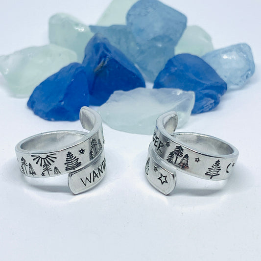 Wander Hand Stamped Metal Wrap Ring | Nature Lover | Outdoors Hiker | Gift for Her | Mountain Wrap Ring | Valentine’s Gift | Trees Mountains