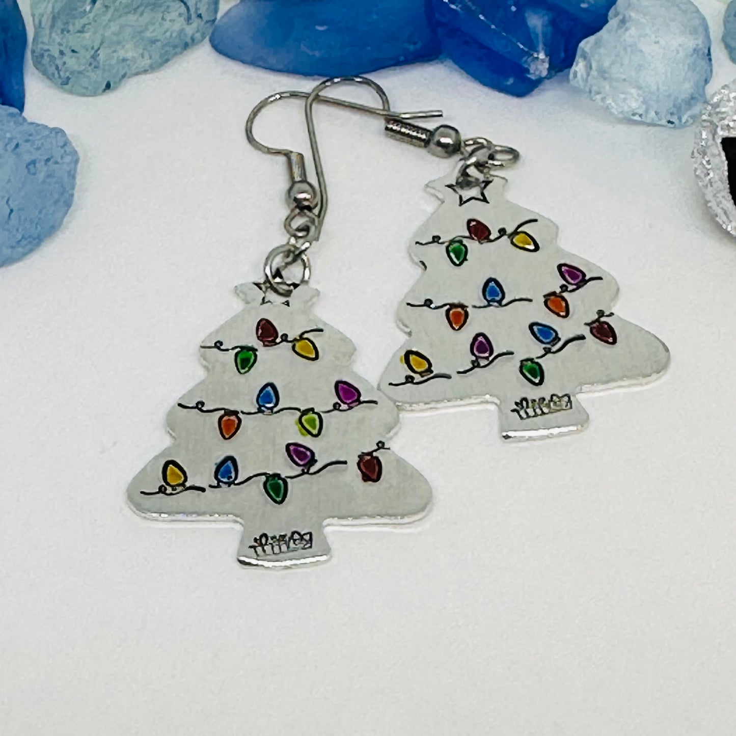 Hand Stamped Christmas Tree Earrings | Painted Christmas Tree Light Bulbs | Gifts for Her | Fun Holiday Earrings | Holiday Jewelry | Funky