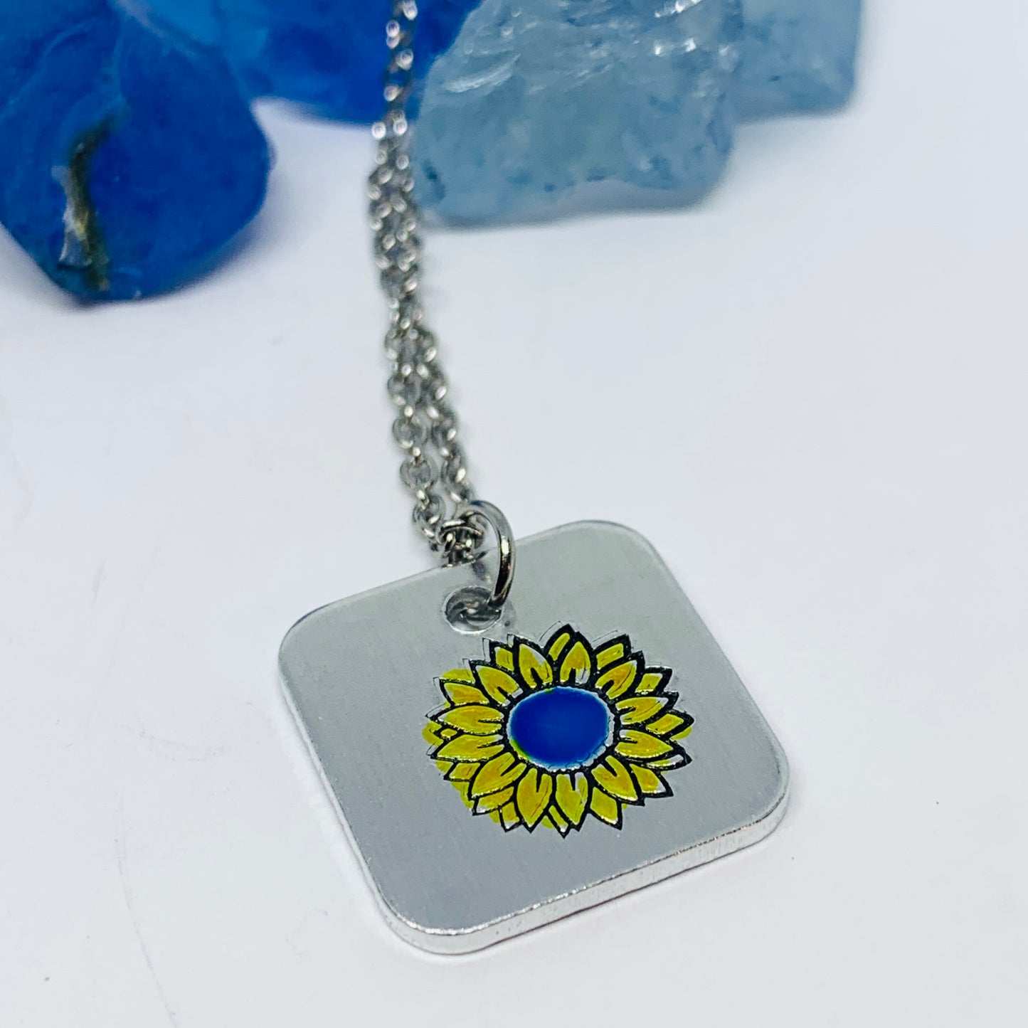 Sunflower - Hand Stamped Necklace | Hand-painted Ukrainian Sunflower Designs | Sunflower Peace | No War | Swarovski Crystal | Solidarity