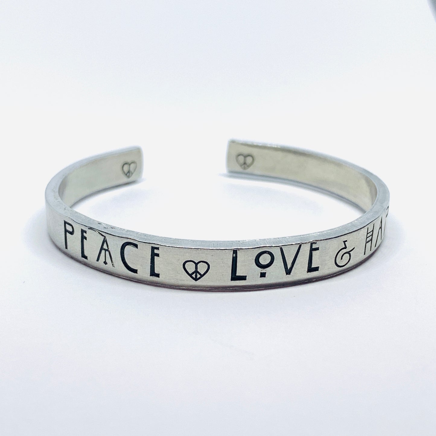 Peace Love & Happiness - Hand Stamped Cuff Bracelet