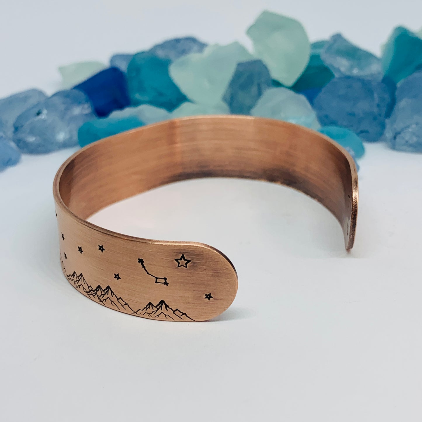 Hand Stamped Copper Mountainscape Cuff Bracelet | Mountains Stars Moons Dipper | Gift for Her | Copper Patina