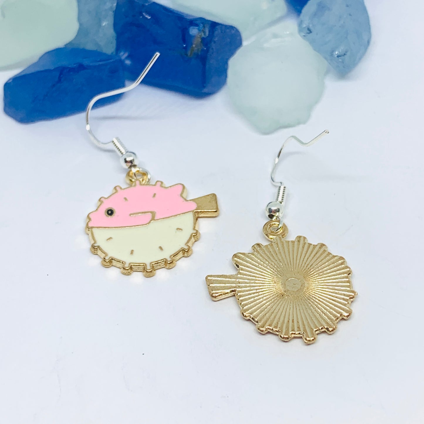 Blowfish Pink/Ivory Enamel Earrings with Silver Wires and Backs | Blow Fish Earrings | Gifts for Her | Fish Earrings | Under the Sea Fun Earrings