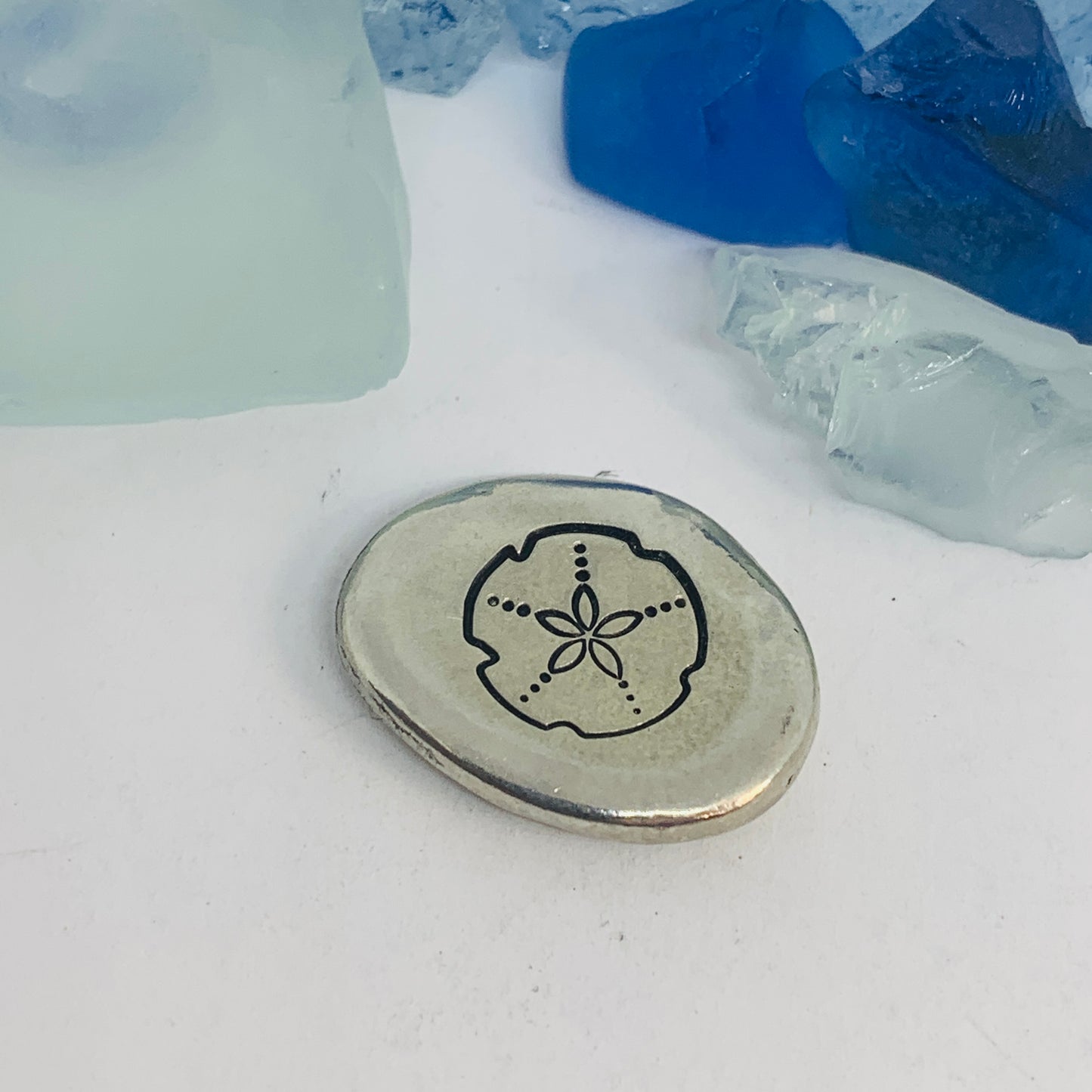 Beach Themed Pewter Pocket Pebble | Worry Stone | Ease Anxiety | Sea Shells Mermaid