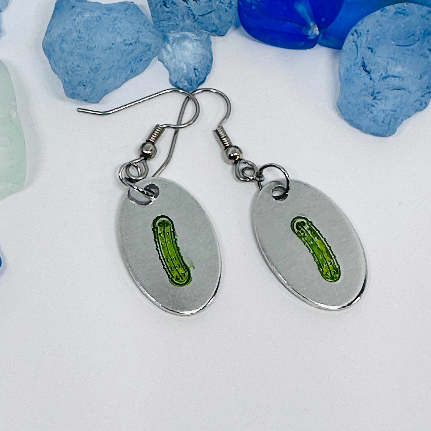 Pickles Hand Stamped & Painted Oval Drop Earrings | Green Pickles on Surgical Steel Ear Wires | Pickle Fest | Picklelicious