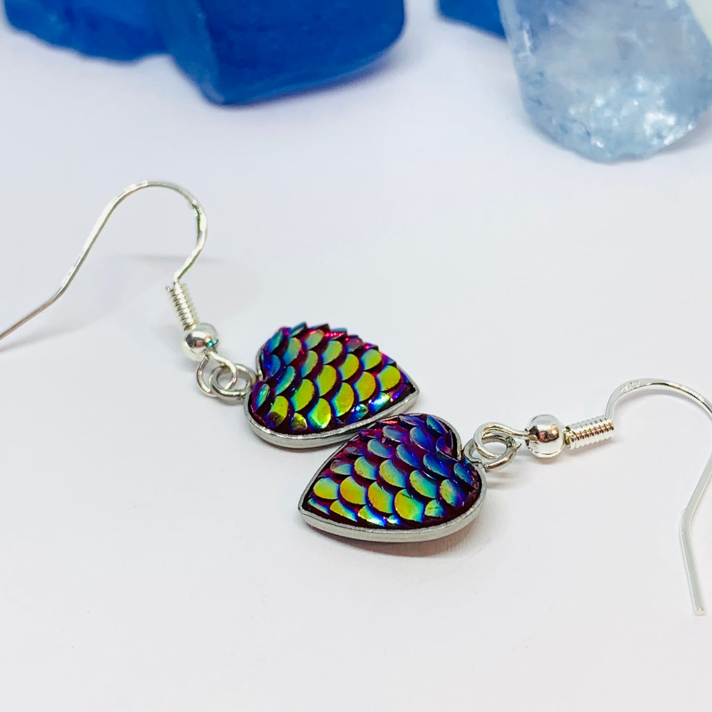 Mermaid Scales Heart Silver Wire Earrings with Backs | Rainbow Heart Love Earrings | Gifts for Her | Black Heart Earrings | Rainbow Baby