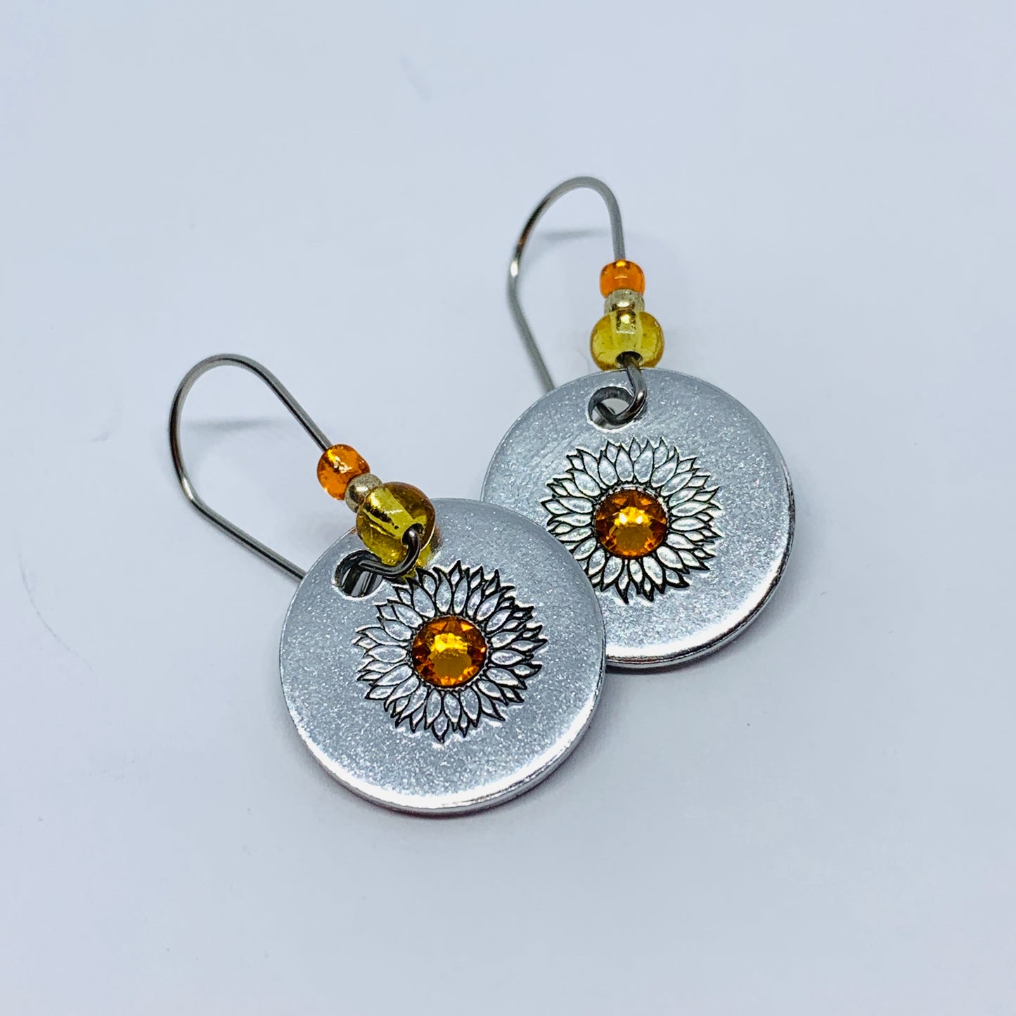 Sunflowers with Swarovski Crystals - Hand Stamped Earrings