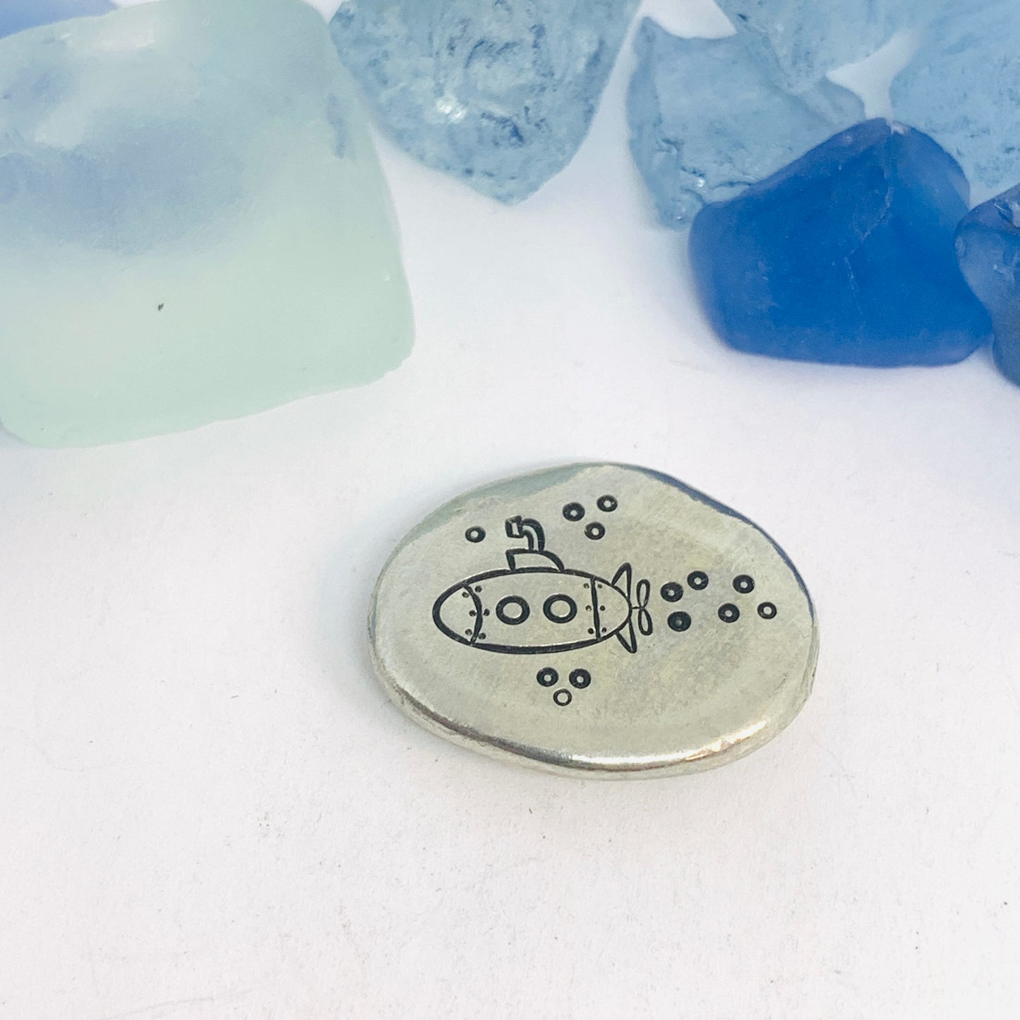 Beach Themed Pewter Pocket Pebble | Worry Stone | Ease Anxiety | Sea Shells Mermaid