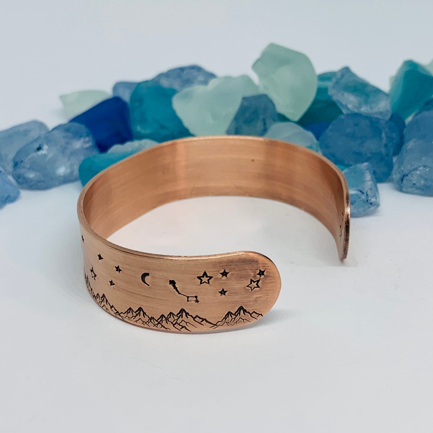 Hand Stamped Copper Mountainscape Cuff Bracelet | Mountains Stars Moons Dipper | Gift for Her | Copper Patina