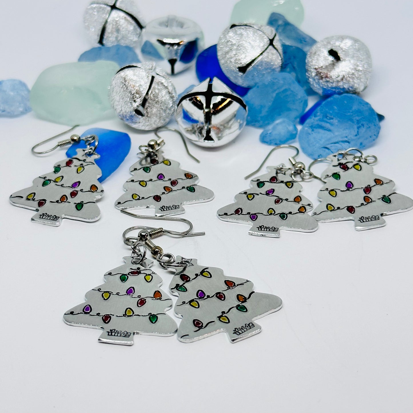 Hand Stamped Christmas Tree Earrings | Painted Christmas Tree Light Bulbs | Gifts for Her | Fun Holiday Earrings | Holiday Jewelry | Funky