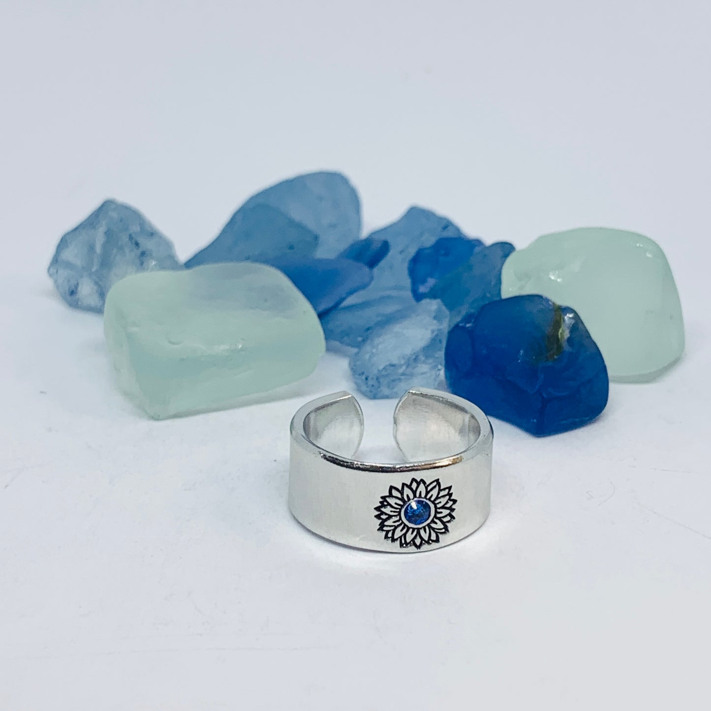 Sunflower Hand Stamped Cuff Ring with Swarovski Crystal | Birthstone Ring | Outdoorsy Nature Flowers | Gift | Ukraine