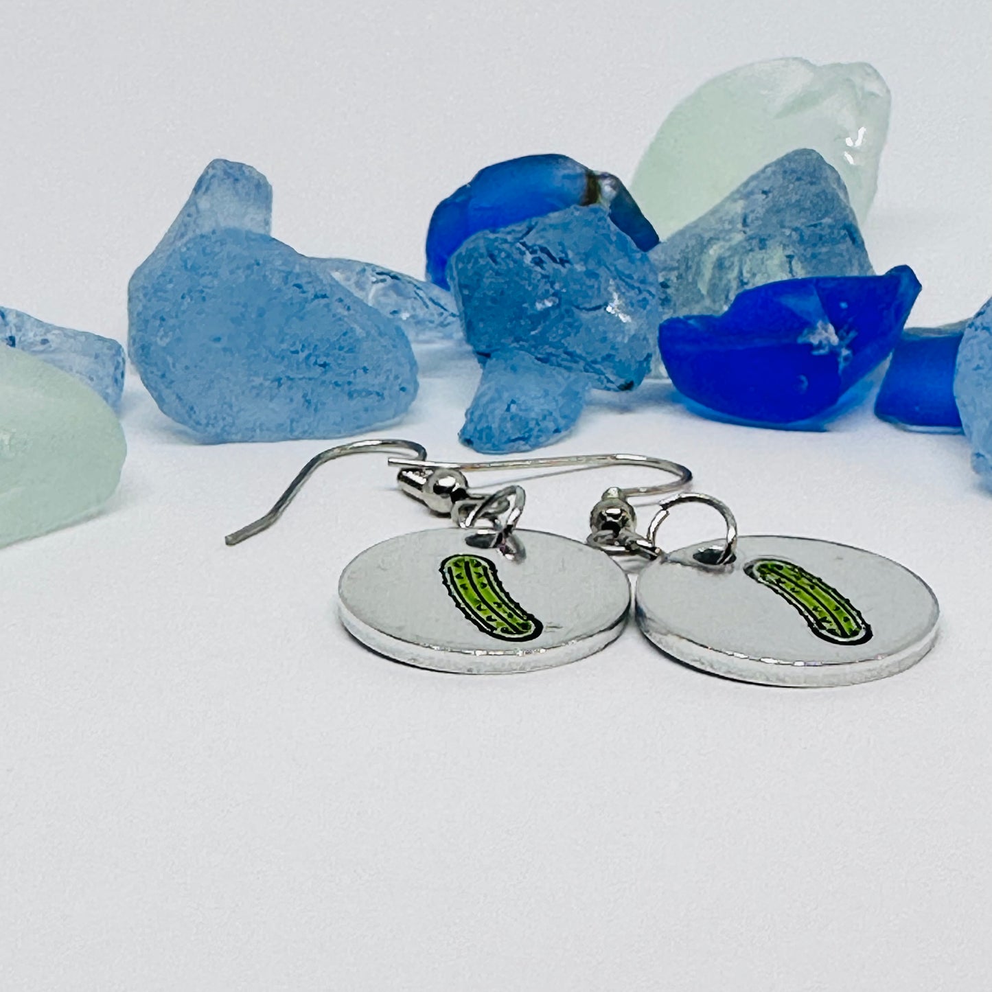 Pickles Hand Stamped & Painted Oval Drop Earrings | Green Pickles on Surgical Steel Ear Wires | Pickle Fest | Picklelicious