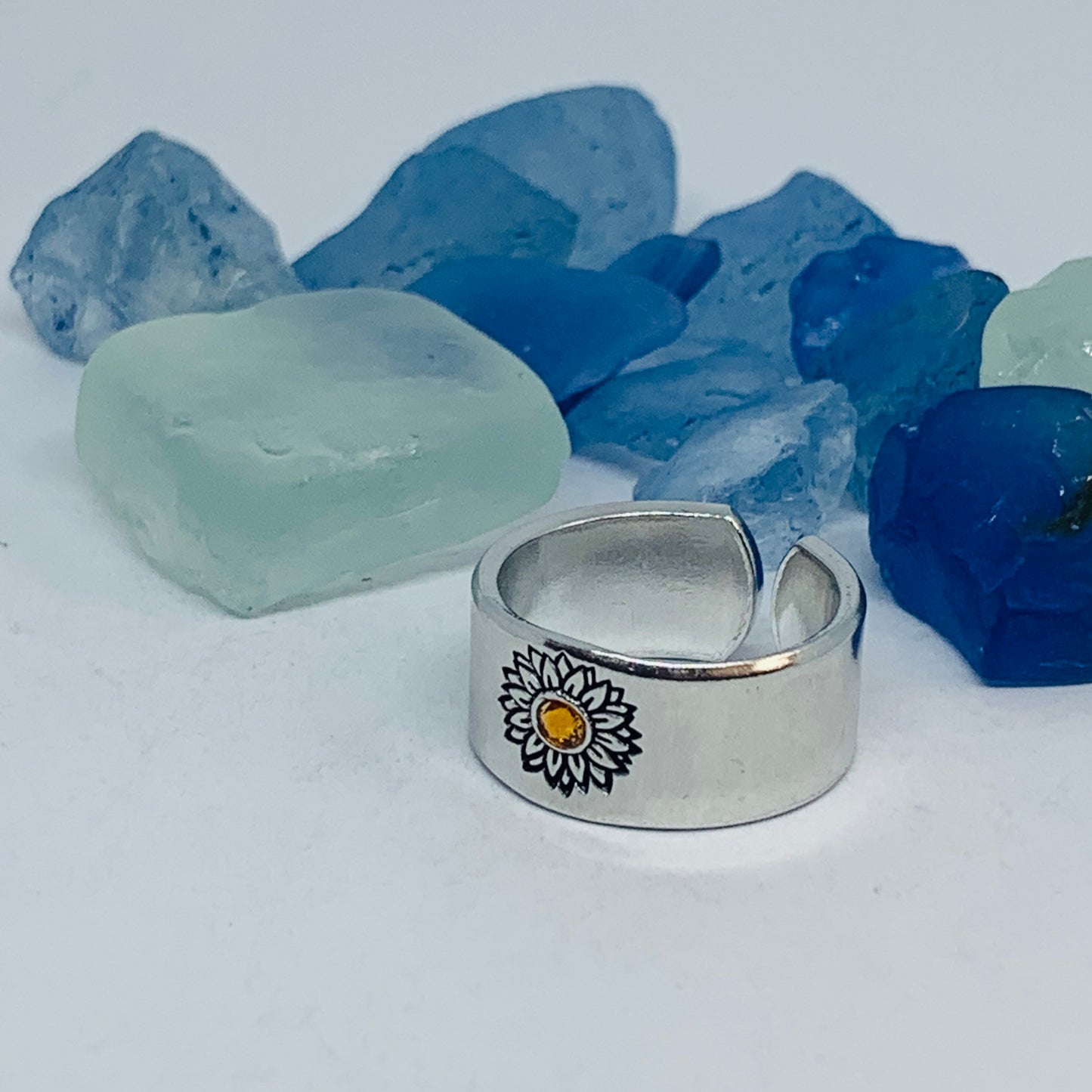 Sunflower Hand Stamped Cuff Ring with Swarovski Crystal | Birthstone Ring | Outdoorsy Nature Flowers | Gift | Ukraine