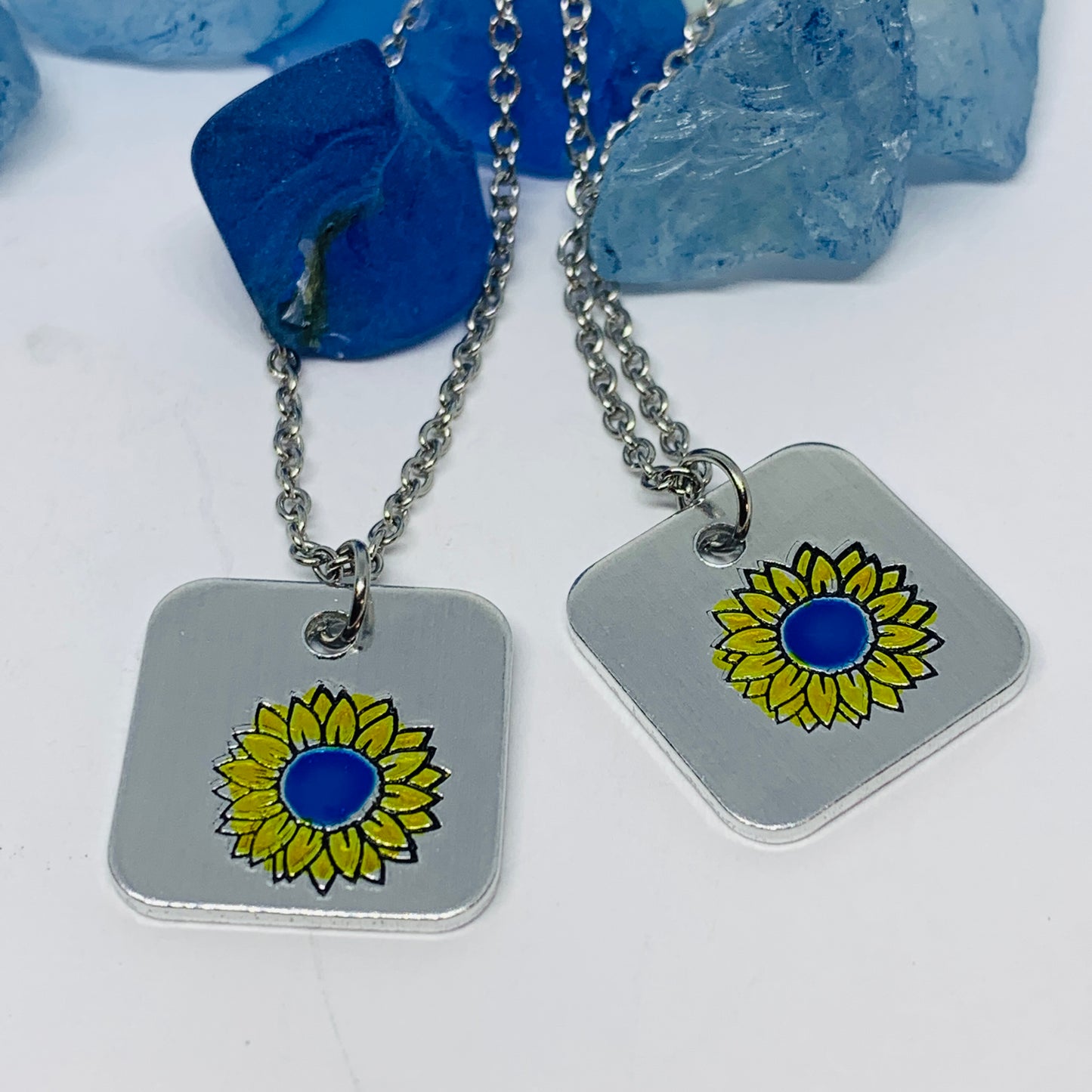 Sunflower - Hand Stamped Necklace | Hand-painted Ukrainian Sunflower Designs | Sunflower Peace | No War | Swarovski Crystal | Solidarity