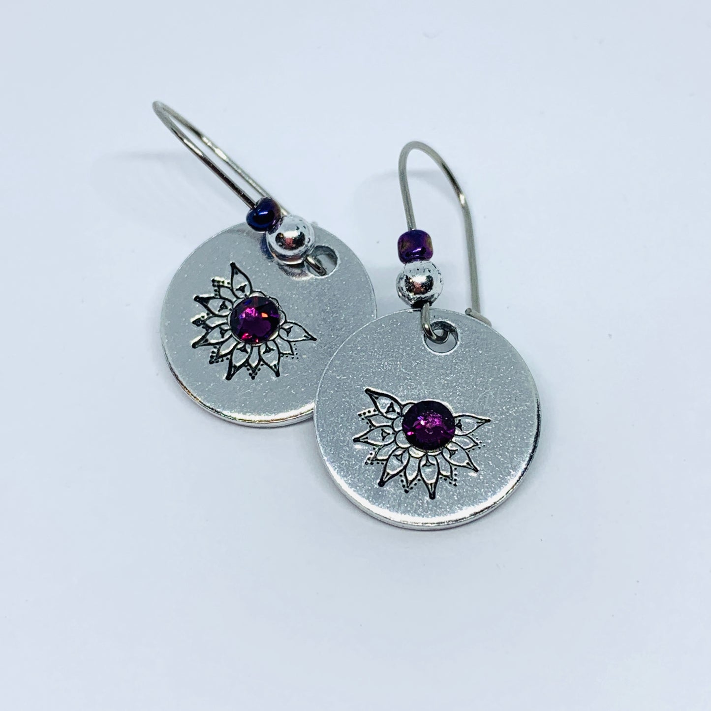 Intricate Mandala with Swarovski Crystals - Hand Stamped Earrings