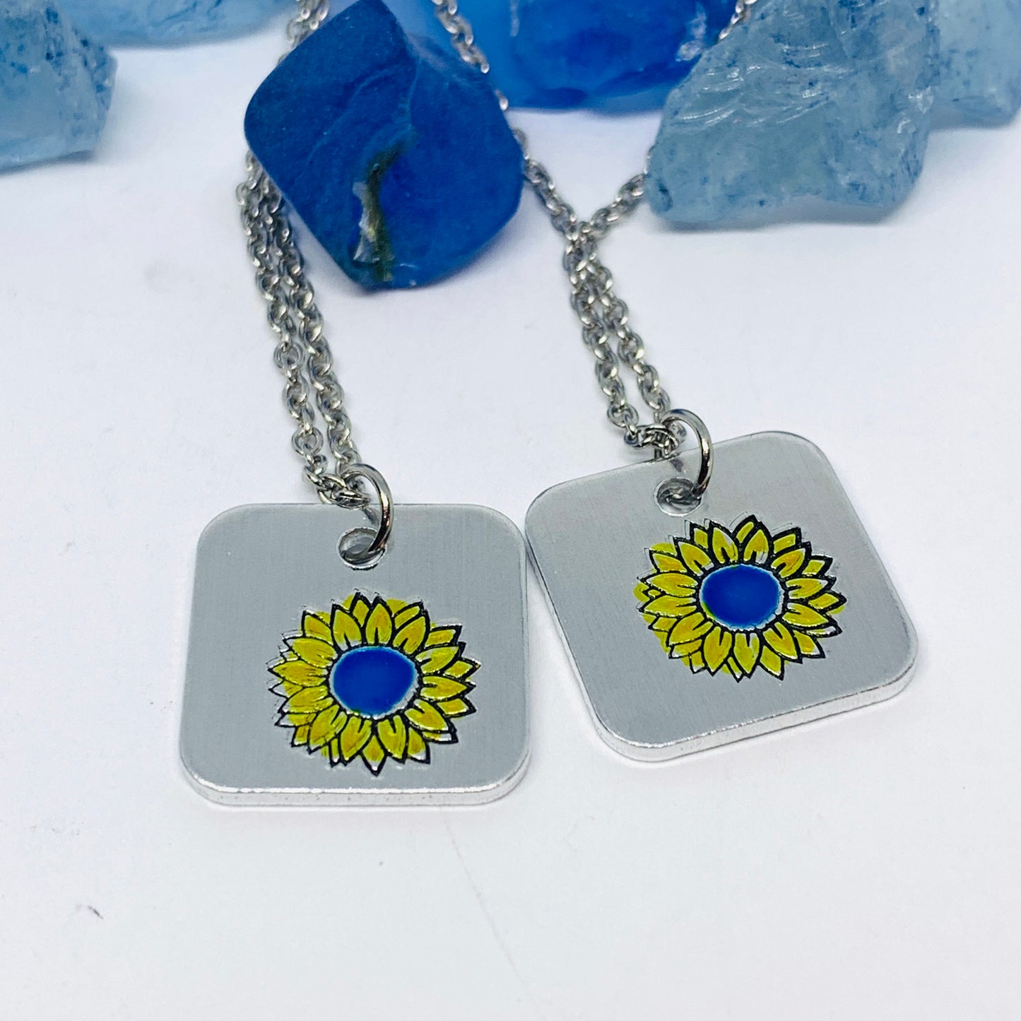 Sunflower - Hand Stamped Necklace | Hand-painted Ukrainian Sunflower Designs | Sunflower Peace | No War | Swarovski Crystal | Solidarity