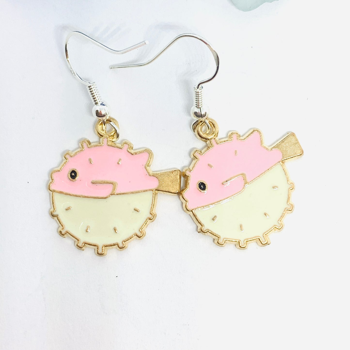 Blowfish Pink/Ivory Enamel Earrings with Silver Wires and Backs | Blow Fish Earrings | Gifts for Her | Fish Earrings | Under the Sea Fun Earrings
