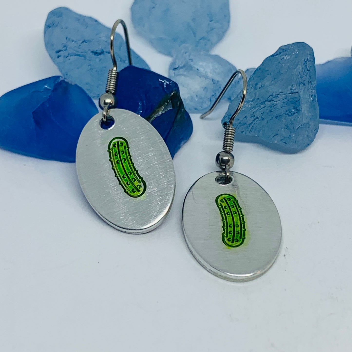 Pickles Hand Stamped & Painted Oval Drop Earrings | Green Pickles on Surgical Steel Ear Wires | Pickle Fest | Picklelicious