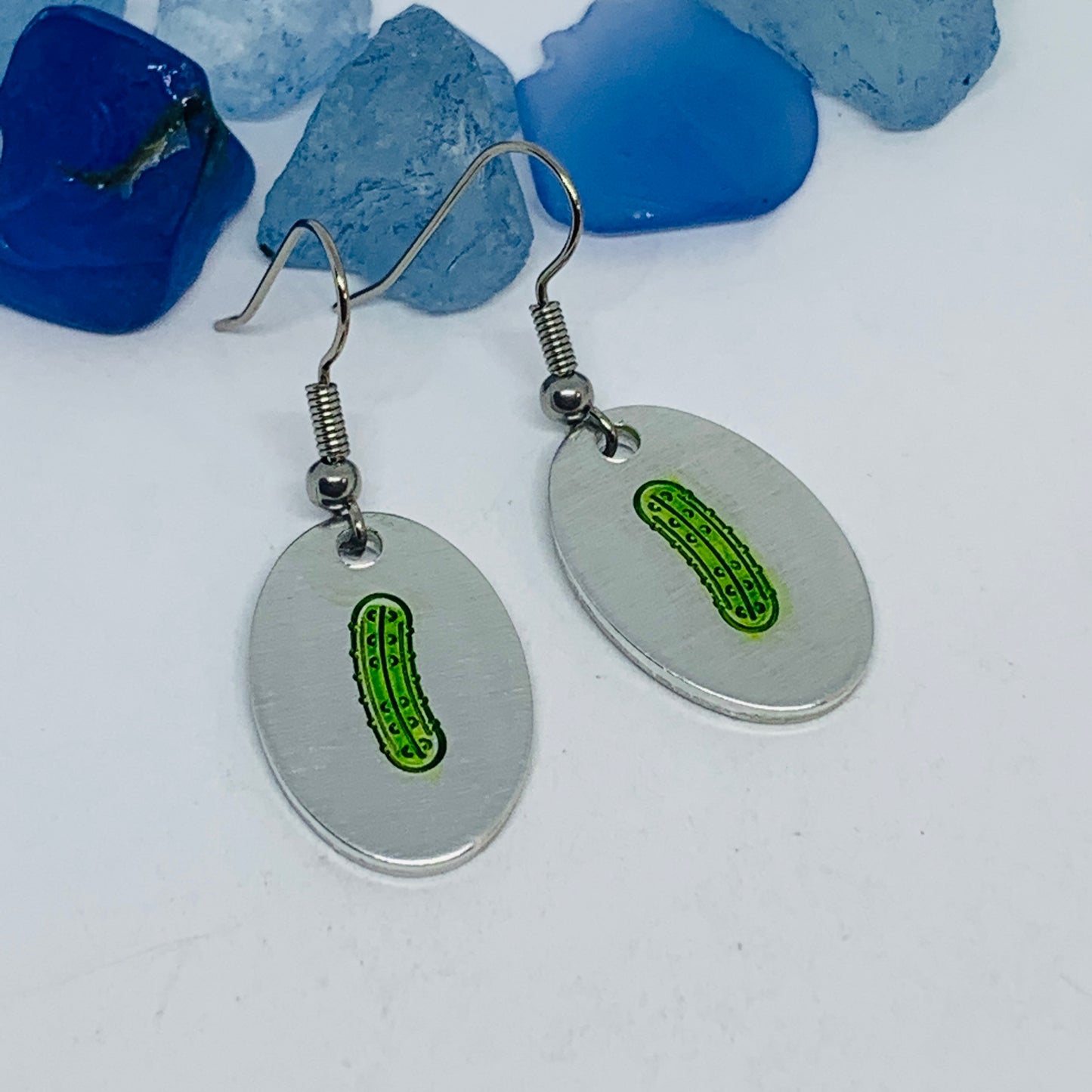 Pickles Hand Stamped & Painted Oval Drop Earrings | Green Pickles on Surgical Steel Ear Wires | Pickle Fest | Picklelicious