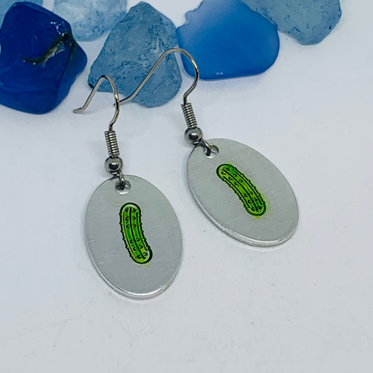 Pickles Hand Stamped & Painted Oval Drop Earrings | Green Pickles on Surgical Steel Ear Wires | Pickle Fest | Picklelicious