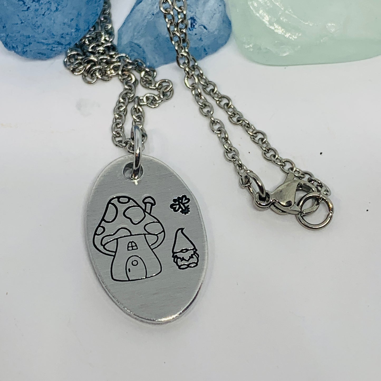 Gnome Toadstool Hand Stamped Necklace | Gnomies Necklace | Gift for Her | Gnome Necklace | Garden Mushrooms | Matching Set | Mushroom Gnome