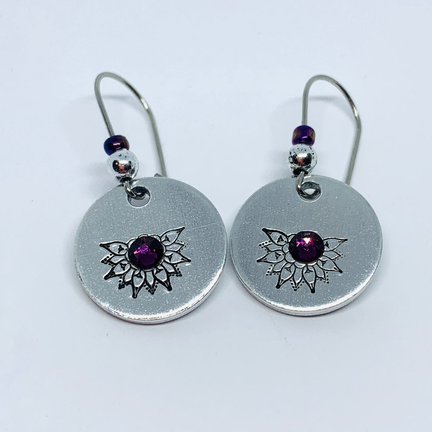 Intricate Mandala with Swarovski Crystals - Hand Stamped Earrings