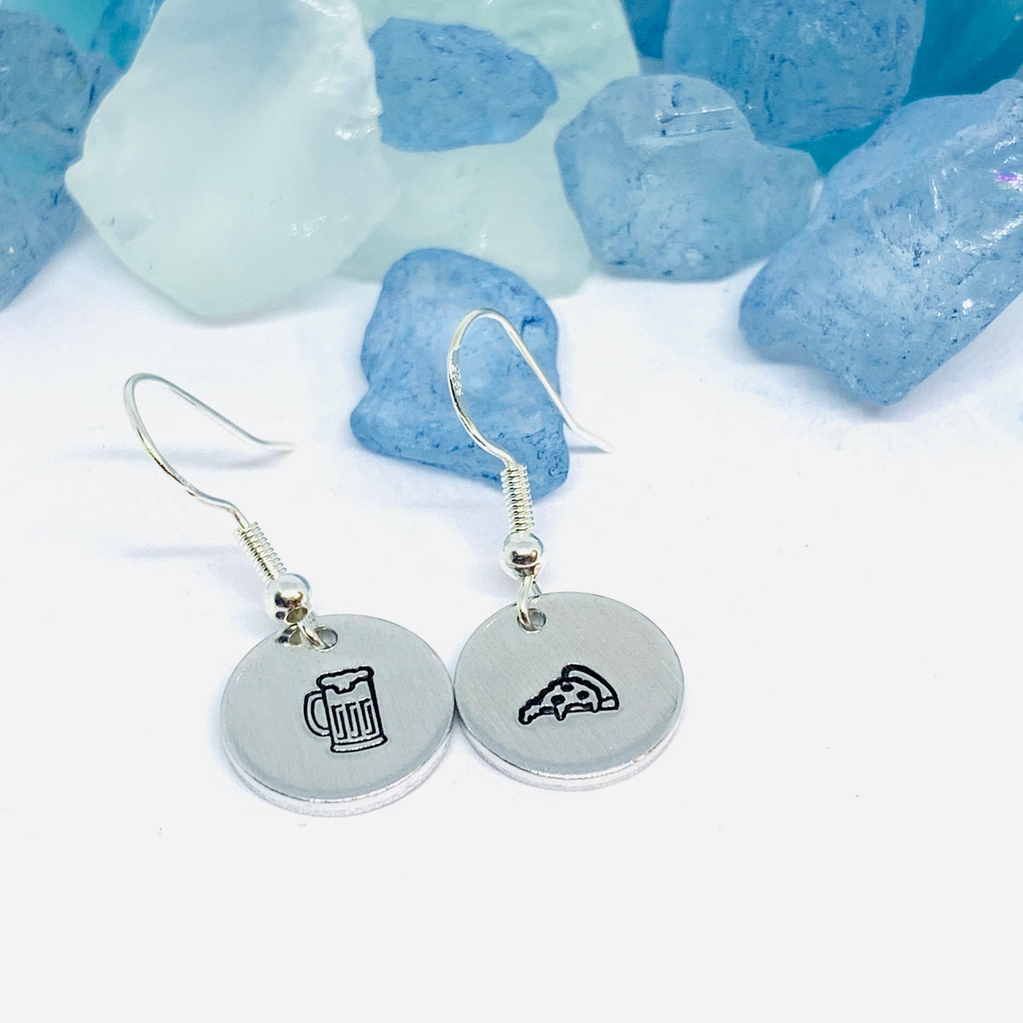 Hand Stamped Pizza and/or Beer Silver Wire Earrings with Backs | Hand Stamped Metal Pizza & Beer Design Earrings | Gifts for Her | Fun Earrings