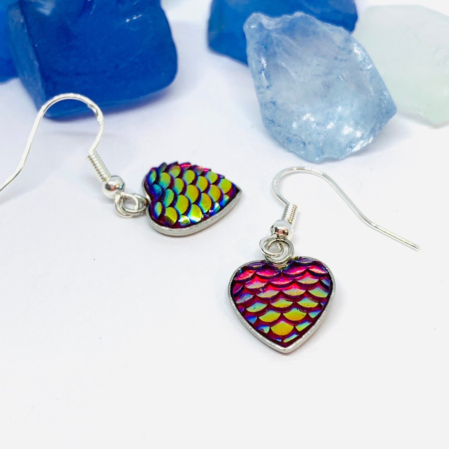 Mermaid Scales Heart Silver Wire Earrings with Backs | Rainbow Heart Love Earrings | Gifts for Her | Black Heart Earrings | Rainbow Baby