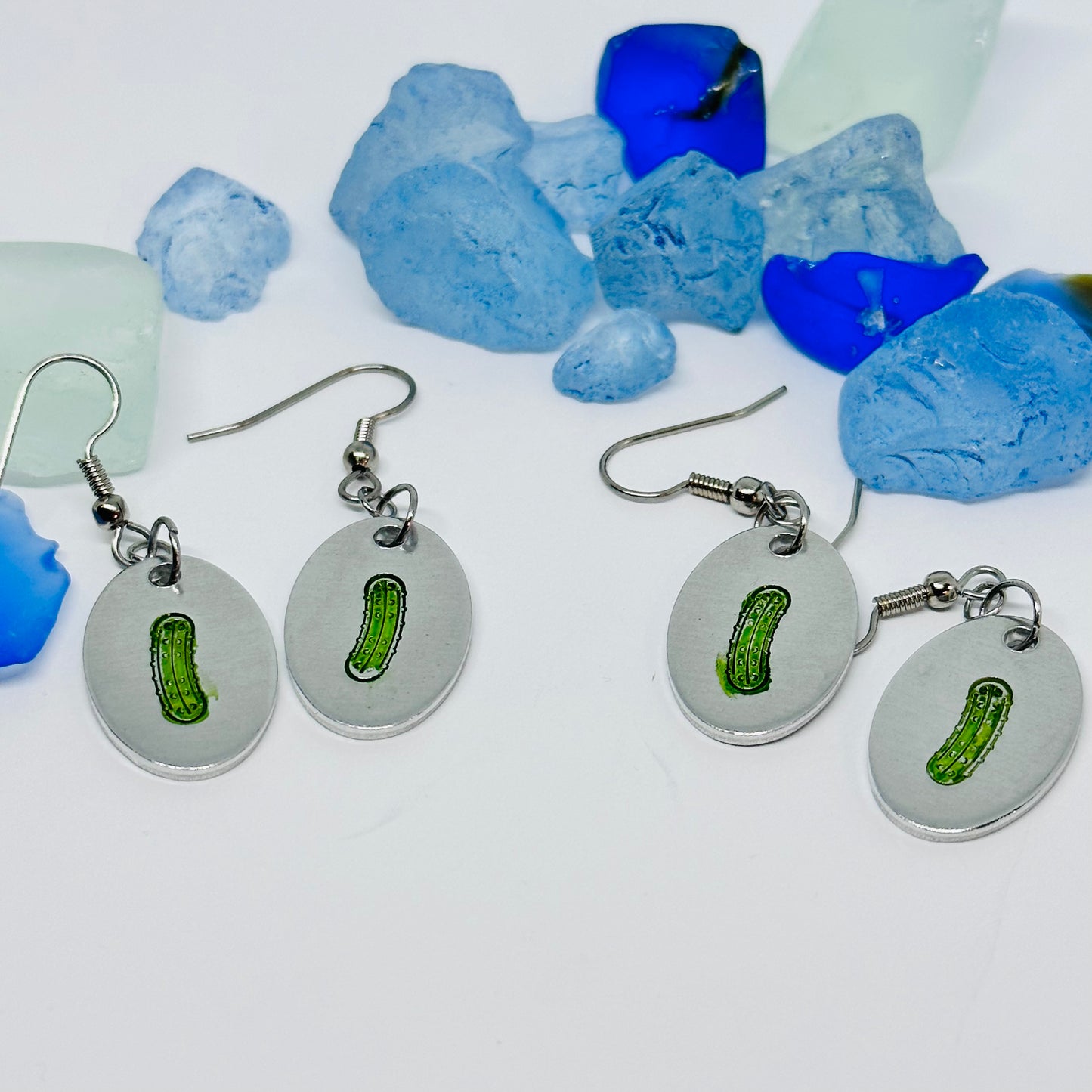 Pickles Hand Stamped & Painted Oval Drop Earrings | Green Pickles on Surgical Steel Ear Wires | Pickle Fest | Picklelicious