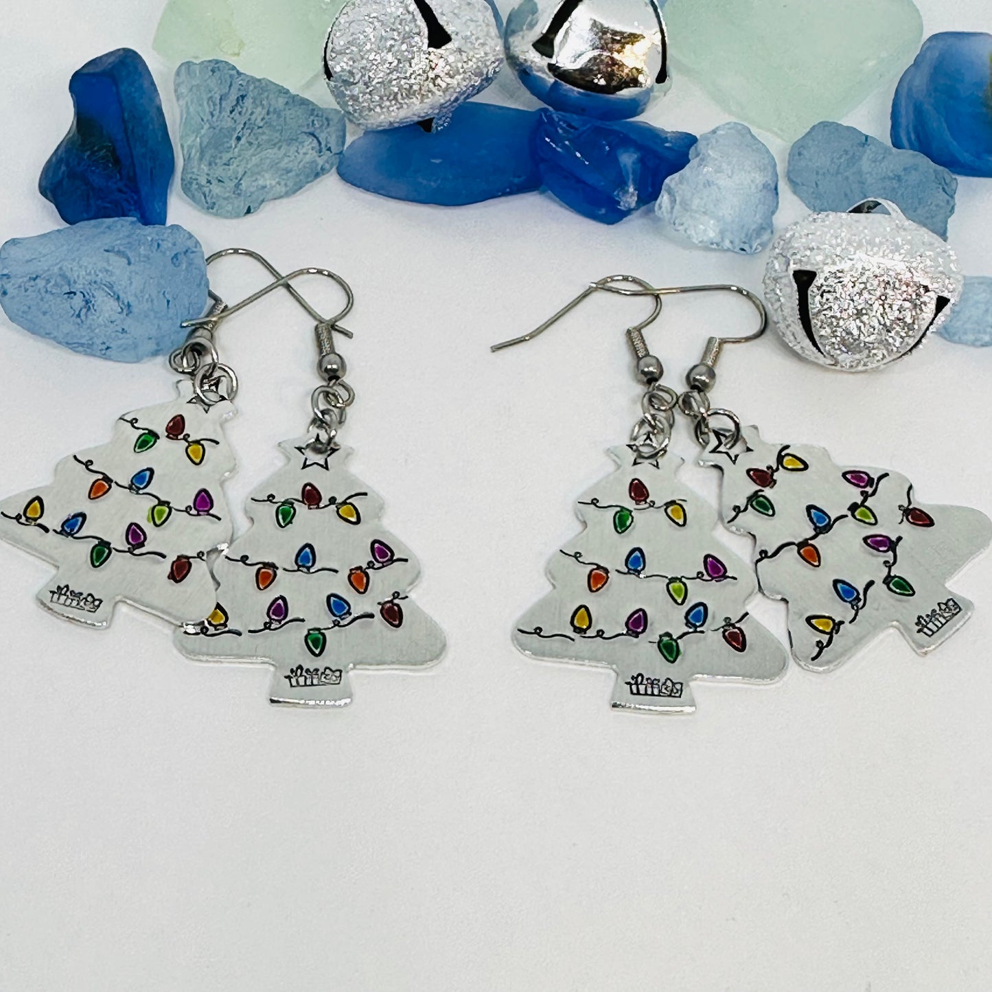Hand Stamped Christmas Tree Earrings | Painted Christmas Tree Light Bulbs | Gifts for Her | Fun Holiday Earrings | Holiday Jewelry | Funky
