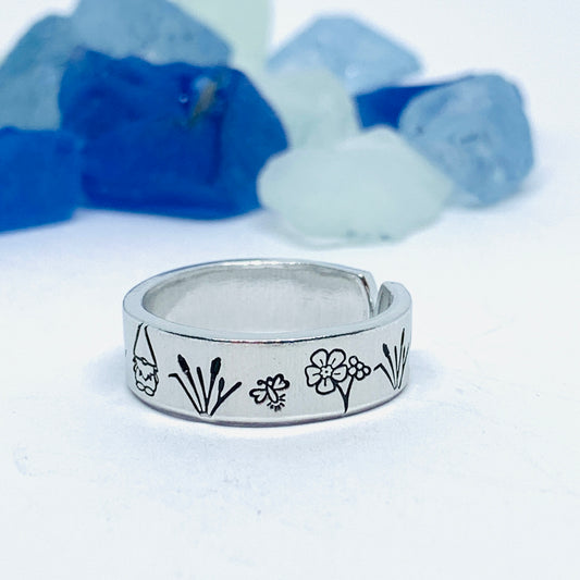 Gnome Garden Hand Stamped Ring | Gnomies Ring | Gift for Her | Gnome Ring | Garden Grass Ring | Fun unique gift | Bees Grasses Fireflies