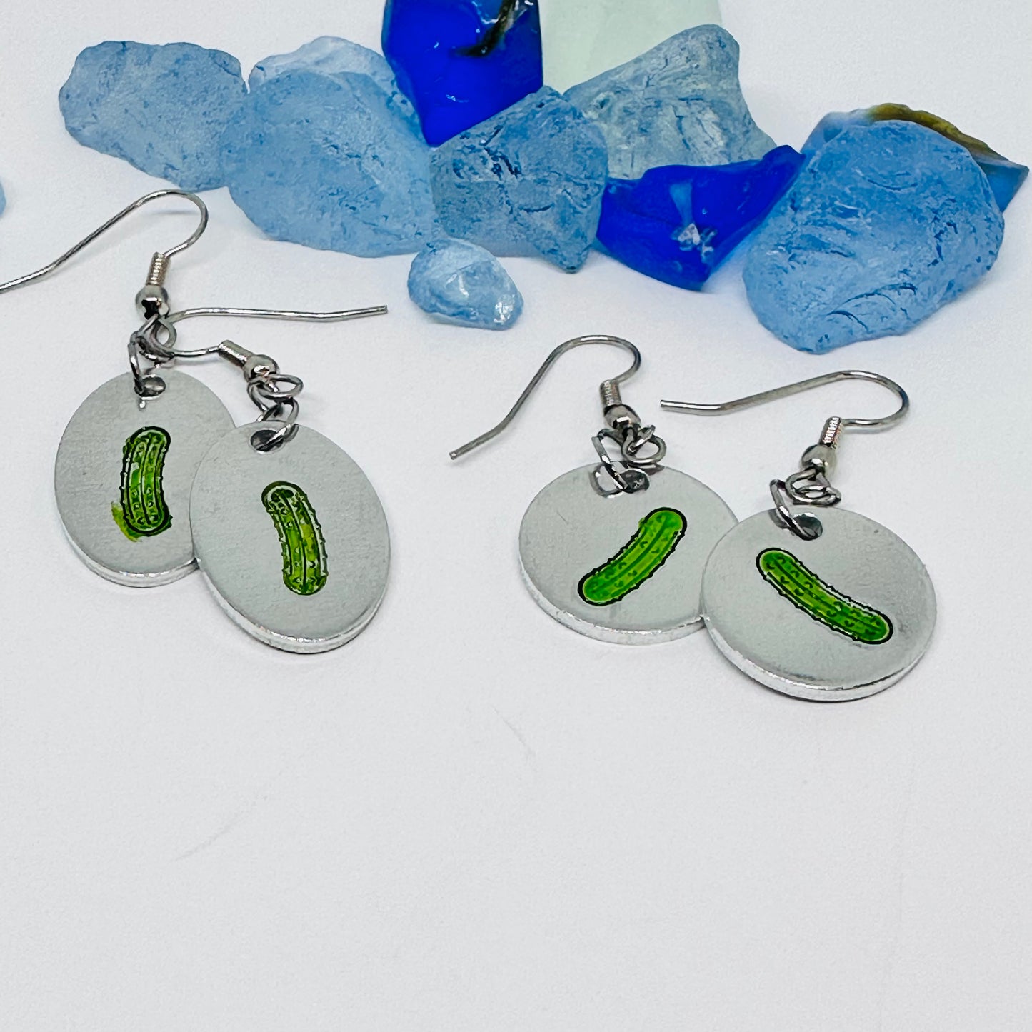 Pickles Hand Stamped & Painted Oval Drop Earrings | Green Pickles on Surgical Steel Ear Wires | Pickle Fest | Picklelicious